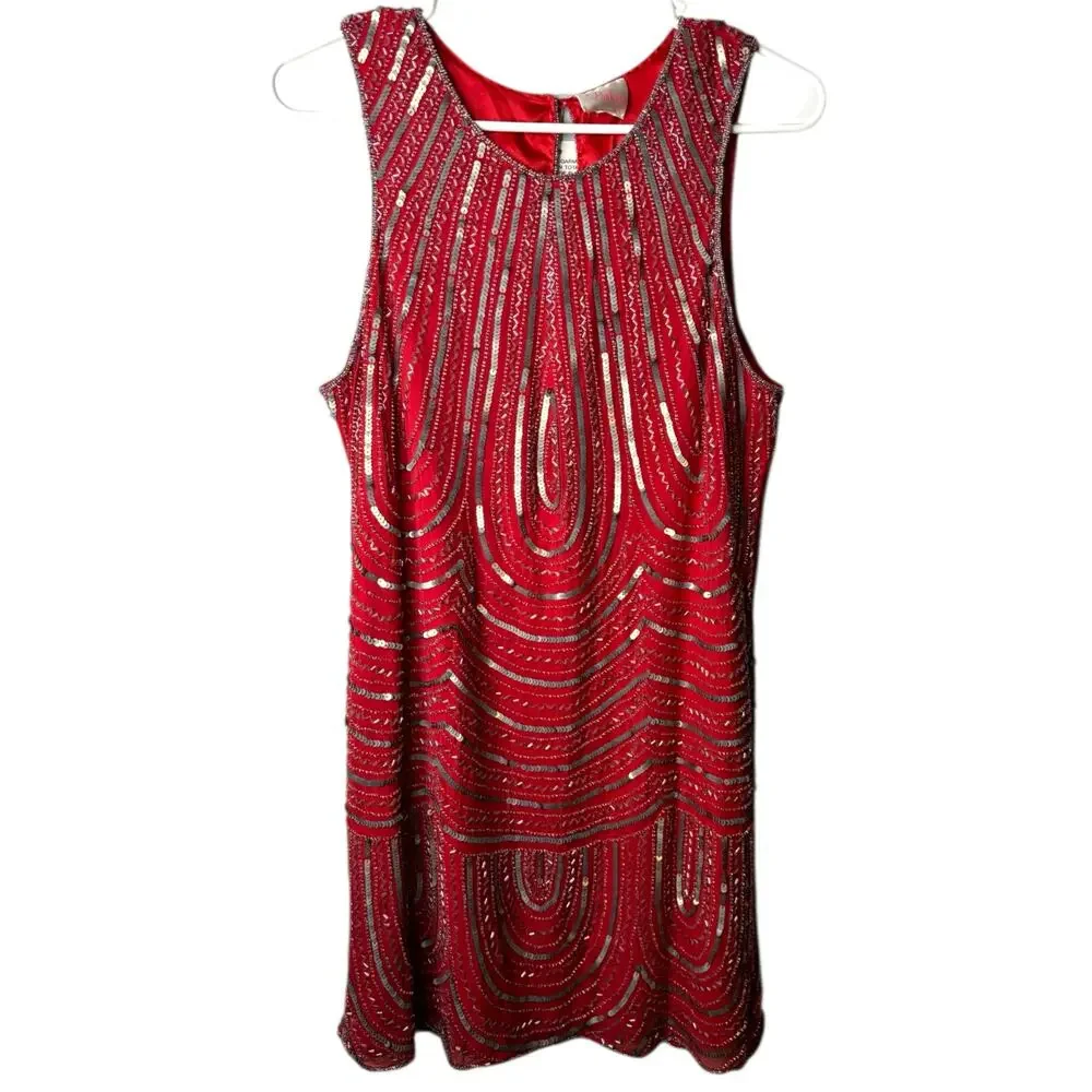 Parker NWT‎ Fuchsia Beaded Dress L Art Deco  Cocktail Party Holiday